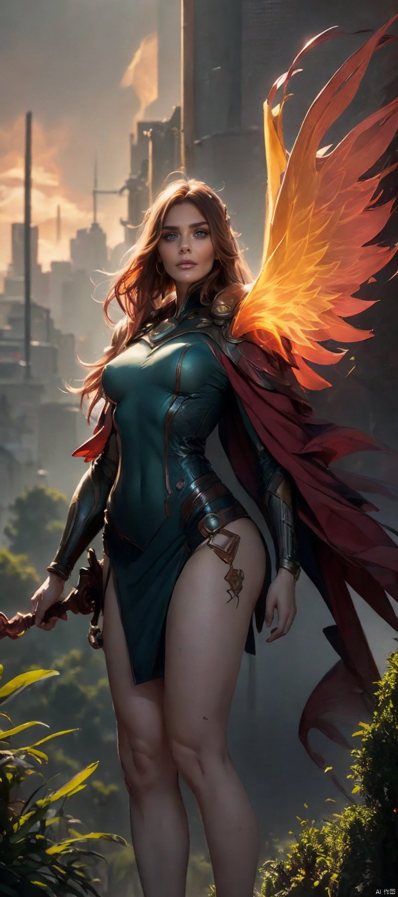  Best quality , masterpiece , ultra high res , raw photo , detail face , detailed skin ,(full body,  realistic , photo - realistic :1.3). dramatic lighting . light on face ,1girl, solo , cowboy shot , standing , Copper Hair , Forest , outdoors , looking at viewer ,tattoos blackwork,GOGAN,butterfly the phoenix wings red cape