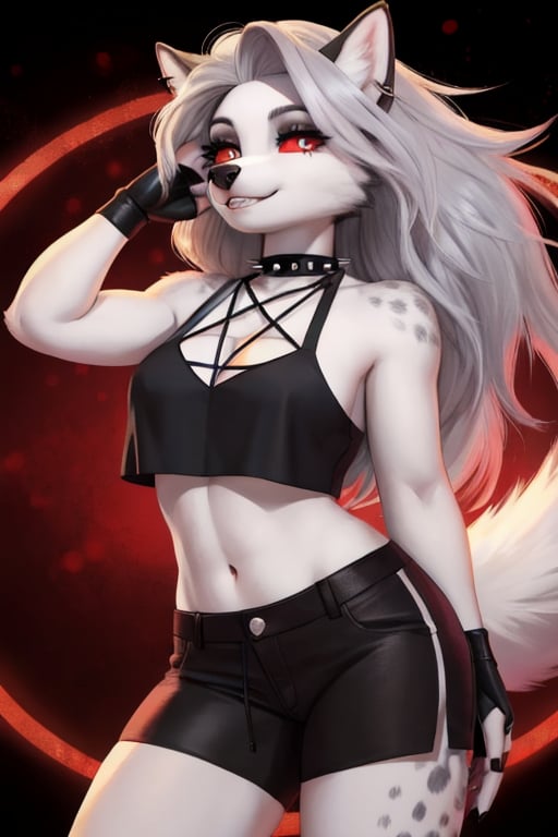 Loona looks like a teenage wolf.  She has a snout with pointed teeth and a dark gray nose, red sclera with white irises, white fur with gray spots on the shoulders, and voluminous gray hair combed to the side to reveal her ear.

Loona has an eyebrow piercing and a black choker with white spikes.  Her gray crop top has star-shaped strings to look like a pentagram.  She also wears fingerless gloves and shorts without shoes. 

