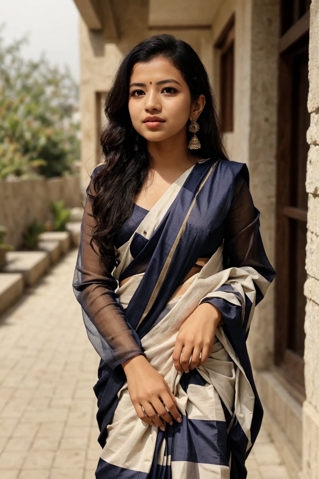 Saree, 1girl, solo, long hair, black hair, long sleeves, traditional , dress, jewelry, earrings, outdoors, blurry, looking to the side, purple dress, realistic,This breathtaking photograph, shot on a Canon 1DX with a 50 mm f/2.8 lens, beautifully showcases the raw and authentic beauty of life. high resolution 8k image quality,Saree