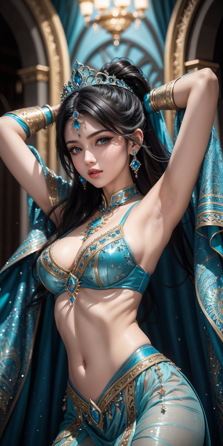 masterpiece, 8k, 1 girl - key lighting, persian princess, enchanting, , charming, elegant palace, high contrast, blue silver theme, ,dynamic move, ,midjourney,1 girl ,
