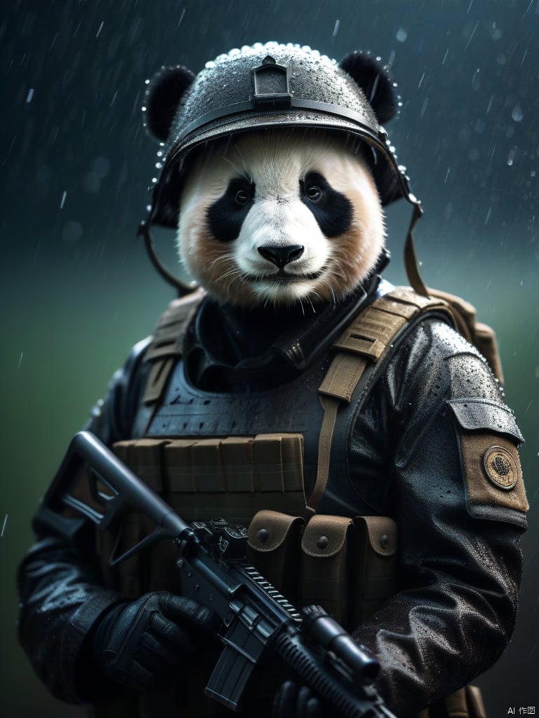  Panda soldier, Panda's head, soldier's body, wearing combat clothing, holding a rifle.

dramatic,Backlighting,soft contrast,cinematic,hyperdetailed photography,texture,fog,vignette,black and brown color palete,particles,water reflection,depth of field,bokeh,85mm 1.4,rain,sunset,(facing camera:1.1),ray tracing,shadows,ultra sharp,metal,((cold colors)),Epic CG masterpiece,(3D rendering),facing camera,ultra high resolution,(masterpiece),(best quality),(super detailed),(extremely delicate and beautiful),cinematic light,detailed environment,(real),(ultra realistic details:1.5),