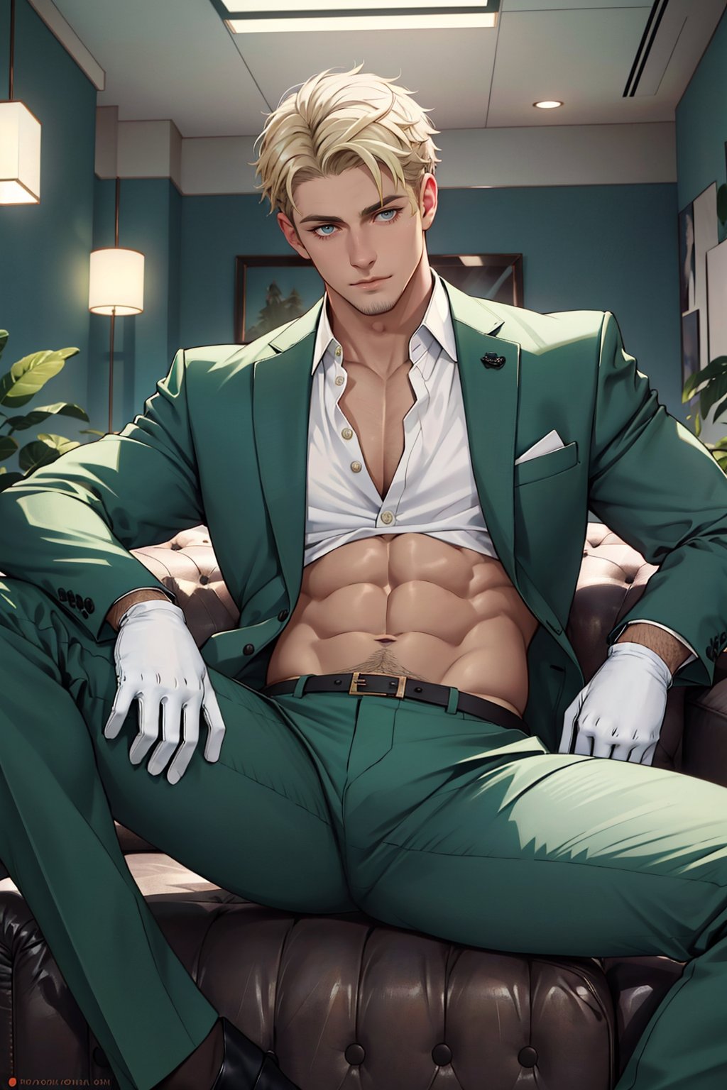 loid_forger, solo, looking at viewer, short hair, blue eyes, blonde hair, gloves, 1boy, jacket, white shirt, male focus, black gloves, pants, indoors, spread legs, open jacket, muscular, formal, abs, suit, pectorals, couch, green jacket, unbuttoned, green pants, 