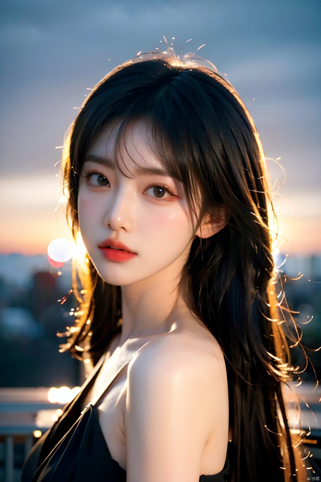  skdress,NSFW,Frontal photography,Look front,evening,dark clouds,the setting sun,On the city rooftop,A 20 year old female,black hair,long hair,dark theme,muted tones,pastel colors,high contrast,(natural skin texture, A dim light, high clarity) ((sky background))((Facial highlights)),
masterpiece,best quality,
,