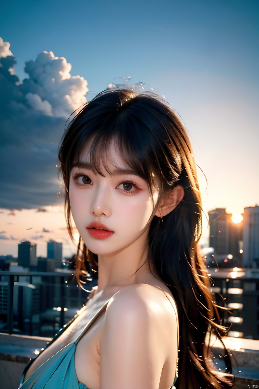  skdress,NSFW,Frontal photography,Look front,evening,dark clouds,the setting sun,On the city rooftop,A 20 year old female,black hair,long hair,dark theme,muted tones,pastel colors,high contrast,(natural skin texture, A dim light, high clarity) ((sky background))((Facial highlights)),
masterpiece,best quality,
,