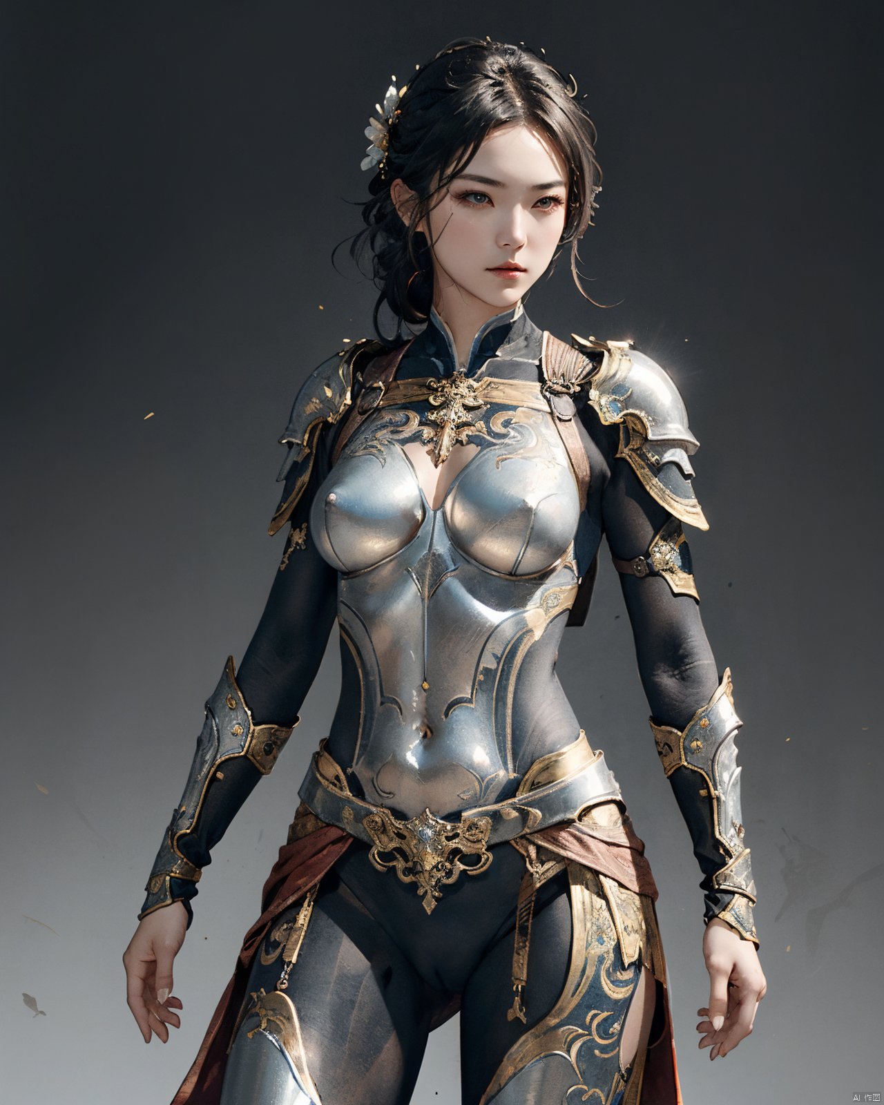  masterpiece,best quality,1girl, beautiful chinese girl, (beautiful detailed armor), (silver armor),(bodypaint:1.2),silver overall bodysuit,
Game art,The best picture quality,Highest resolution,8K,(Female Warrior),looking at viewer,
An eye rich in detail,(knightess),Elegant and noble,indifferent,brave,metallic breastplate,pauldron,gardebras,cameltoe,
(Ancient runes of light,Combat accessories with rich details,Metallic luster),simple background,
(super fucking cool:1.2),