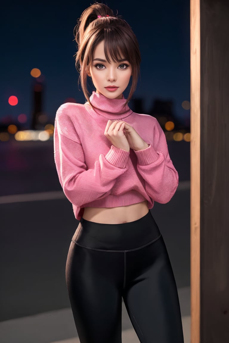 masterpiece, high quality, 8k,simple background, brown hair ponytail, swept bangs, pink sweater, black yoga pants, elegant, beautiful, freckles, realistic, heterochromia, beautiful eyes, up close, dark shadows, night background, neon hearts lights dark, low-key