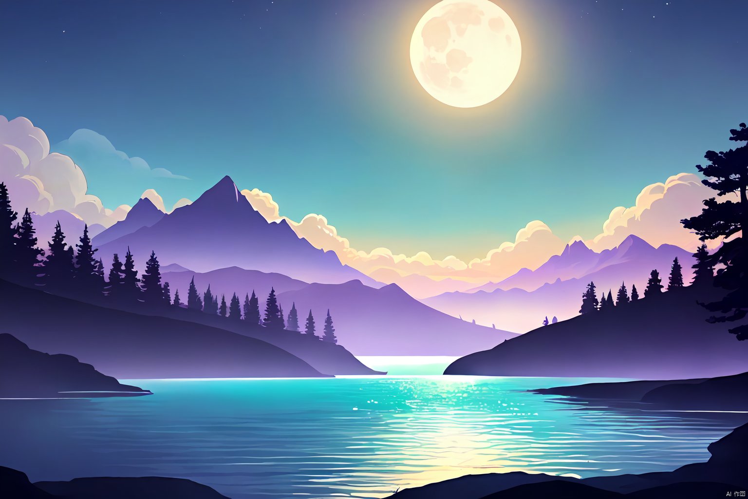  Silhouette_Landscape,Wallpaper,outdoors,sky,cloud,water,tree,nature,scenery,fullmoon,star,purple-green-blue