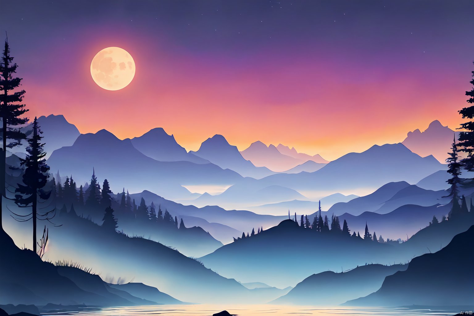  Silhouette_Landscape,Wallpaper,outdoors,sky,cloud,water,tree,nature,scenery,fullmoon,star,purple-green-blue