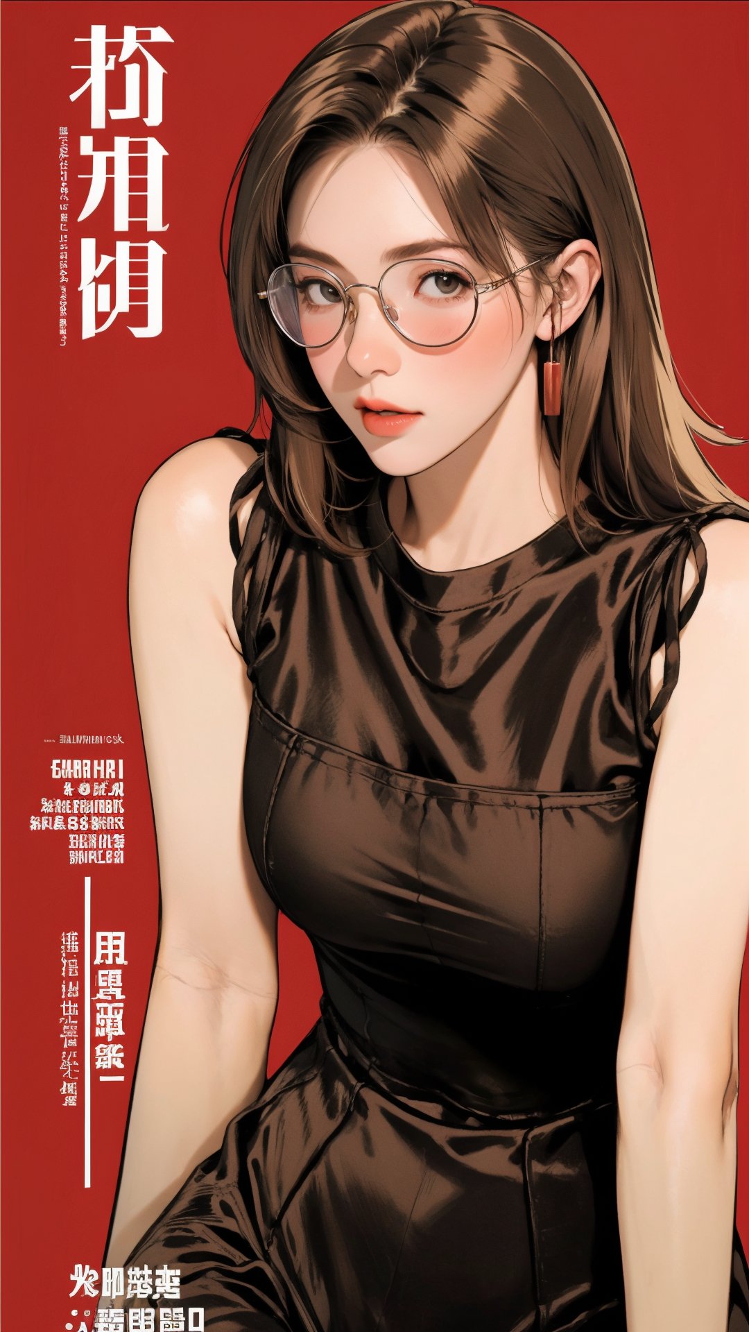 1girl, thigh up body, magazine cover, outline, 2D artstyle,  blonde brown hair, sport girl outfit, round eyeglasses, looking at viewer, earings, blush, red background, hairstyle, styled and detailed clothes, sleeveless, ultra detailed, best quality, sharp focus, chimai,kmiu