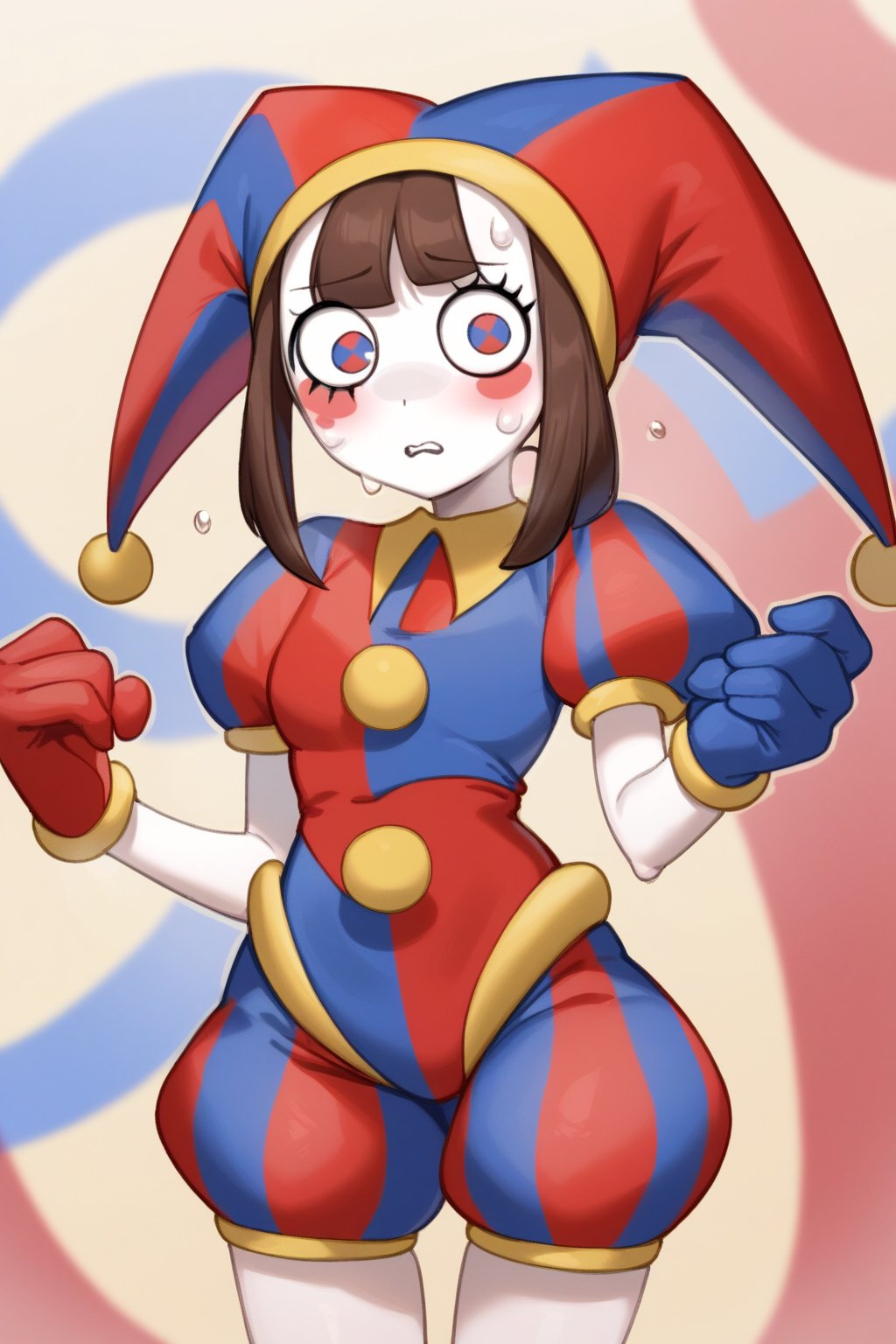 pomniSDXL, 1girl, solo, looking at viewer, blush, blue eyes, brown hair, red eyes, gloves, hat, short sleeves, sweat, striped, puffy sleeves, medium hair, puffy short, multicolored clothes,blue gloves, red gloves, facepaint, jester cap, multicolored headwear, clown, striped clothes, mismatched gloves,