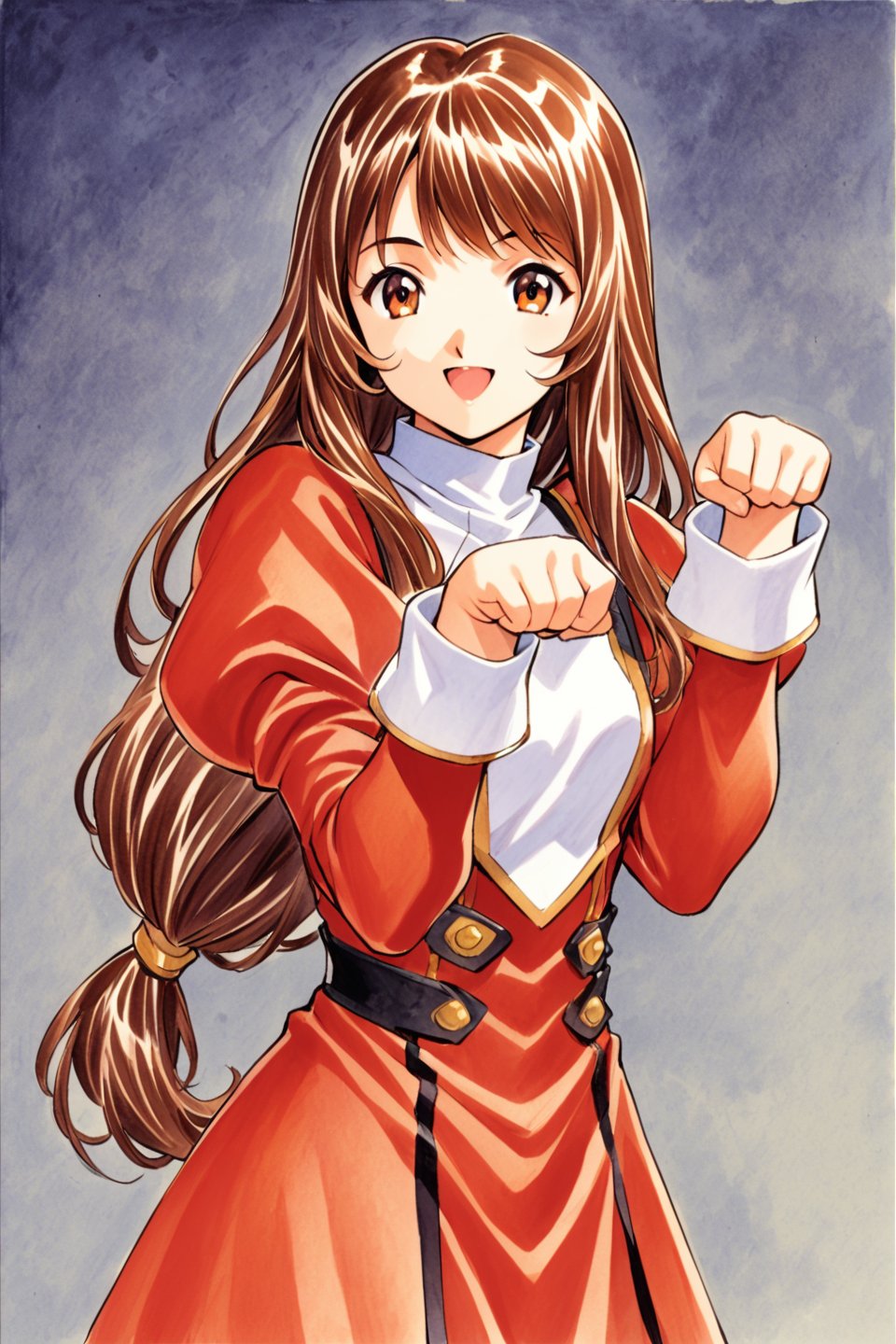 1girl, solo, Erica Fontaine, cowboy shot, smile, open mouth, looking at viewer, upper body, paw pose, brown hair, brown eyes, long hair, bangs, low tied hair, sidelocks, red dress, puffy sleeves, long sleeves, brown boots, long dress, traditional media, low-tied long hair, dress