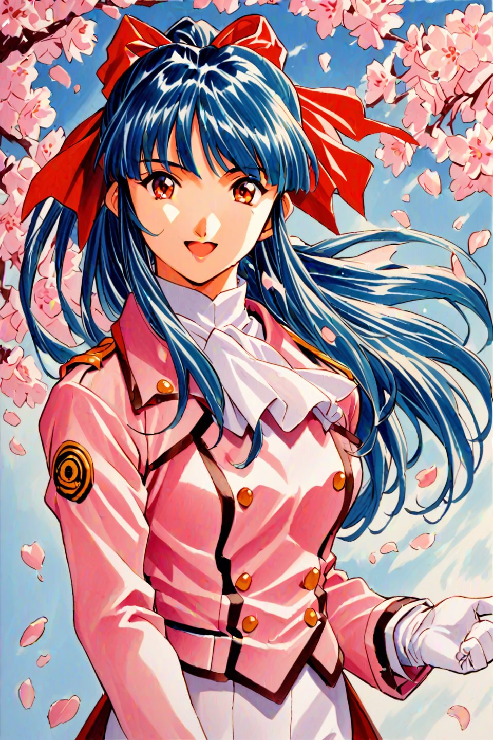 Shinguji Sakura, 1girl, solo, cowboy shot, smile, open mouth, looking at viewer, upper body, blue hair, high ponytail, hair ribbon, red ribbon, red bow, ponytail, white pants, uniform, military uniform, pink jacket, white gloves, white ascot, cherry blossoms, traditional media, long hair, bow, hair bow, petals, jacket, ascot, military, brown eyes, orange eyes