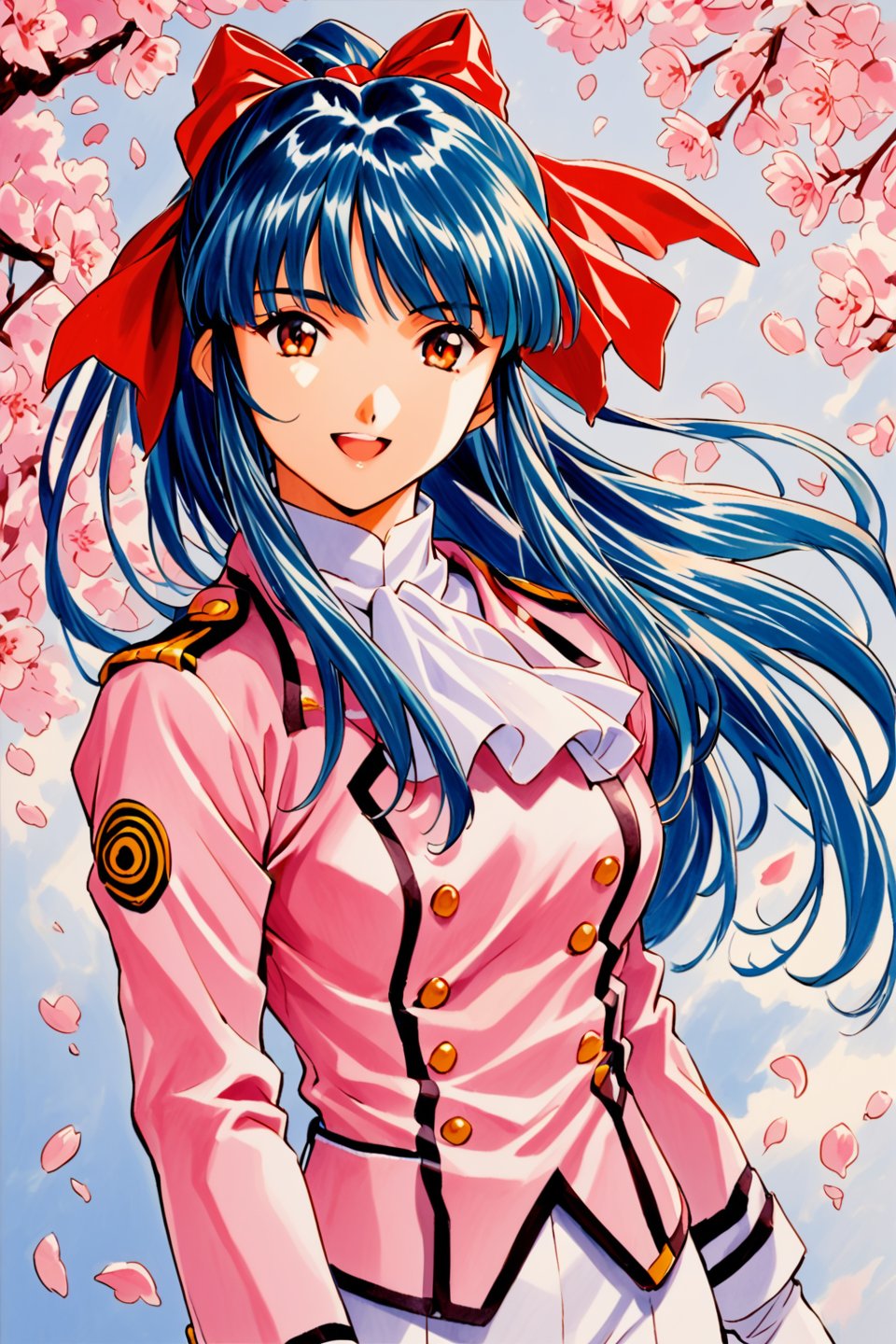 Shinguji Sakura, 1girl, solo, cowboy shot, smile, open mouth, looking at viewer, upper body, blue hair, high ponytail, hair ribbon, red ribbon, red bow, ponytail, white pants, uniform, military uniform, pink jacket, white gloves, white ascot, cherry blossoms, traditional media, long hair, bow, hair bow, petals, jacket, ascot, military, brown eyes, orange eyes