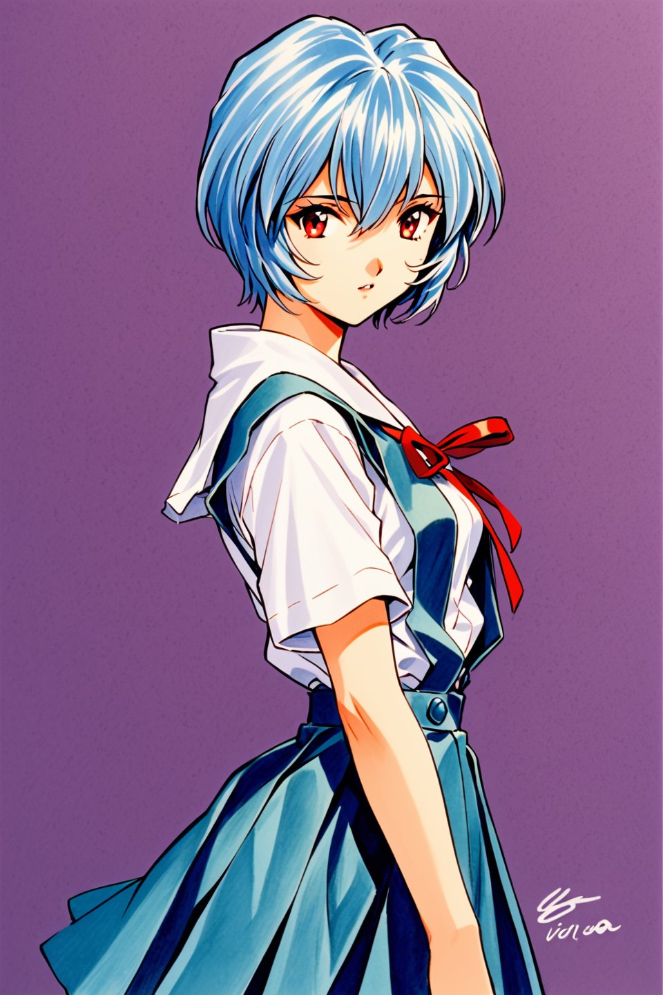 1girl, Ayanami Rei, solo, red eyes, short hair, school uniform, blue hair, tokyo-3 middle school uniform, signature, short sleeves, hair between eyes, suspender skirt, purple background, bangs, purple theme, shirt, cowboy shot, looking to the side, skirt, white shirt, looking at viewer, parted lips, suspenders, traditional media