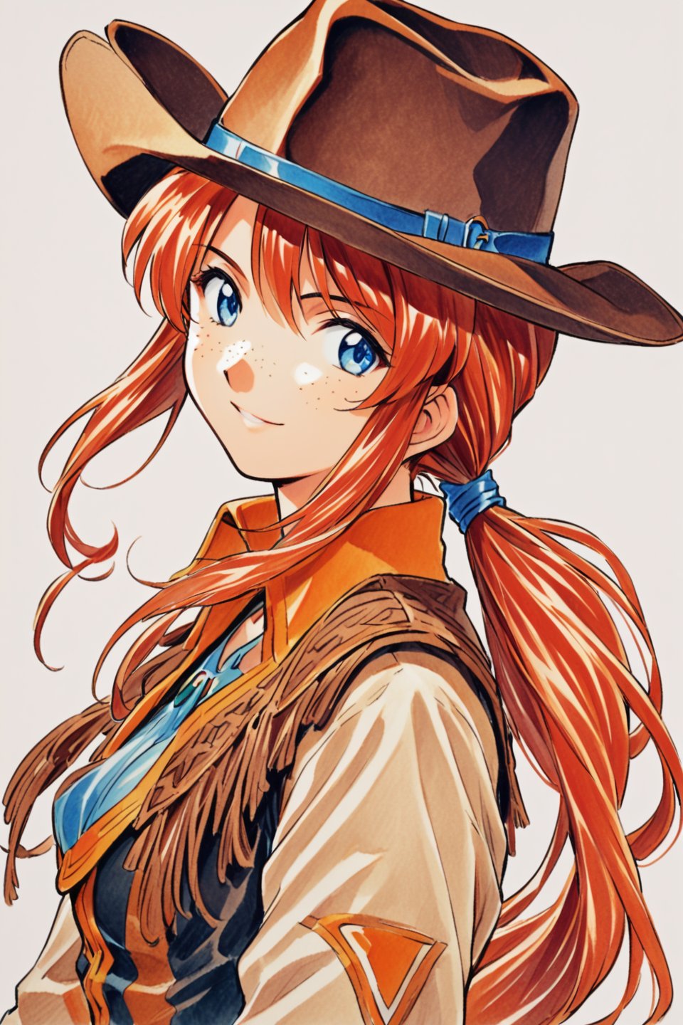 Gemini Sunrise, freckles, 1girl, solo, hat, cowboy hat, blue eyes, long hair, smile, upper body, white background, traditional media, ponytail, cowboy western, simple background, looking at viewer, orange hair, jewelry, red hair