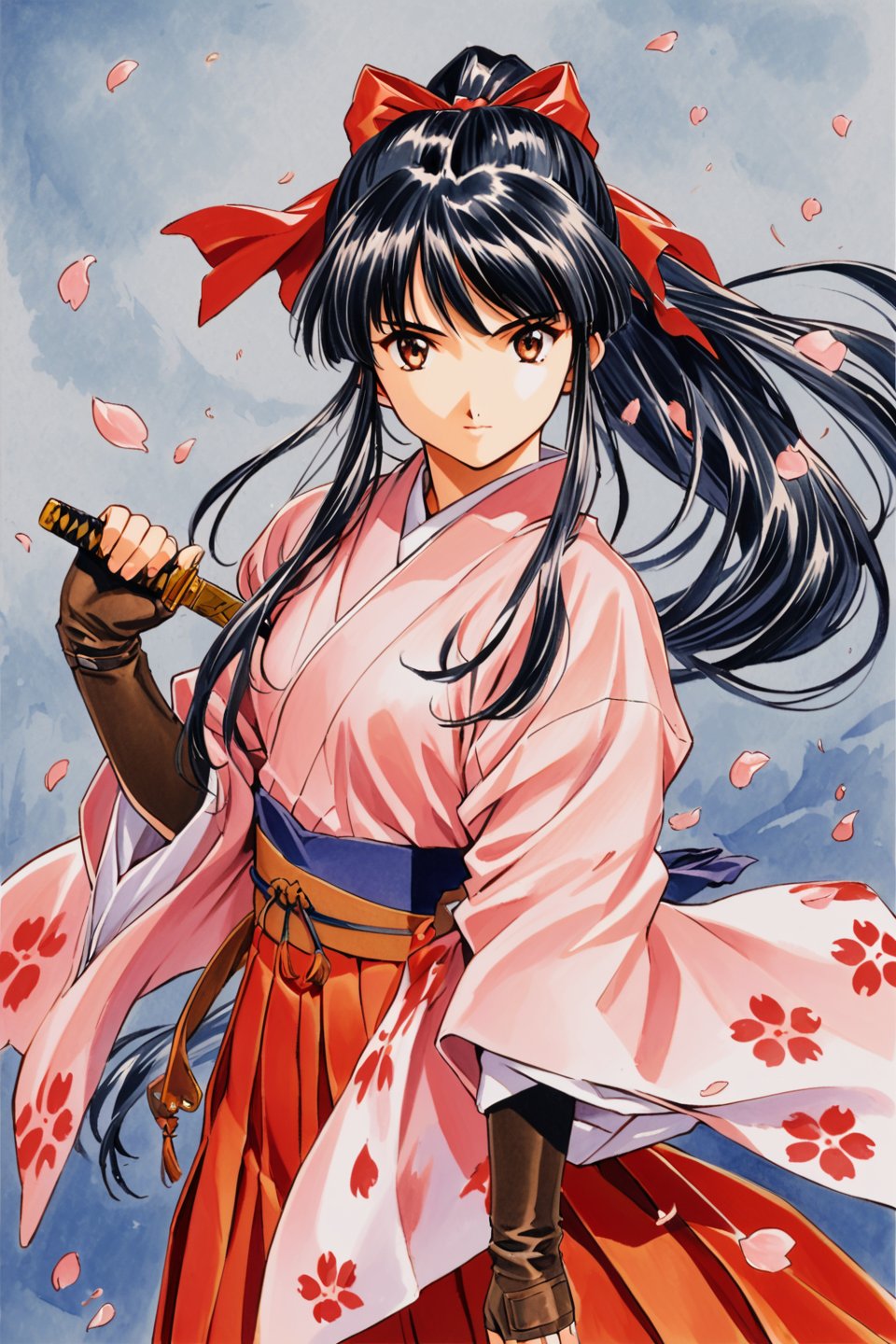 Shinguji Sakura, 1girl, weapon, solo, sword, japanese clothes, bow, black hair, red bow, long hair, brown eyes, gloves, petals, fingerless gloves, cherry blossoms, katana, hair bow, ponytail, kimono, hakama, hakama skirt, traditional media, 