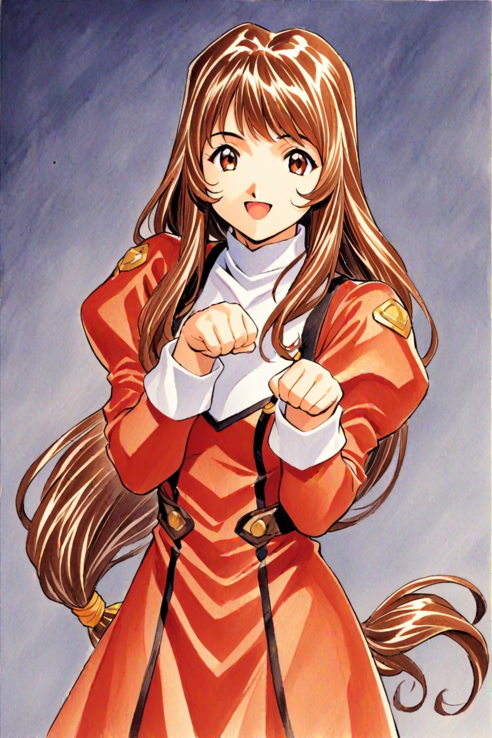 1girl, solo, Erica Fontaine, cowboy shot, smile, open mouth, looking at viewer, upper body, paw pose, brown hair, brown eyes, long hair, bangs, low tied hair, sidelocks, red dress, puffy sleeves, long sleeves, brown boots, long dress, traditional media, low-tied long hair, dress