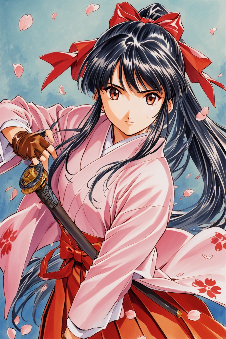 Shinguji Sakura, 1girl, weapon, solo, sword, japanese clothes, bow, black hair, red bow, long hair, brown eyes, gloves, petals, fingerless gloves, cherry blossoms, katana, hair bow, ponytail, kimono, hakama, hakama skirt, traditional media, 