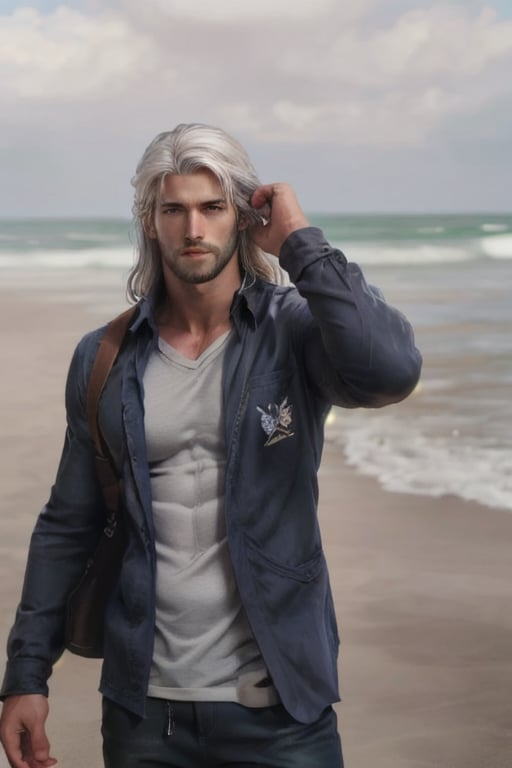 (Masterpiece, highest quality),high_resolution,real, realistic, reality, male,men, handsome ,outdoors, look_at_the_viewer,basic_background, ,man, white hair , long hair,white facial hair