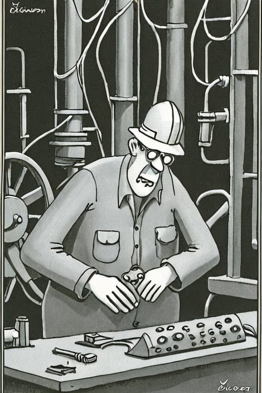 a black and white far side comic strip illustration of a Engineer at work,  by Gary Larson by Nonsensei on Tensor.Art