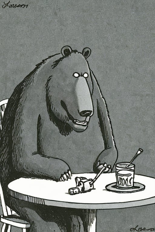 a black and white (line art,  pen and ink) far side comic strip illustration of a bear,  by Gary Larson by Nonsensei on Te...