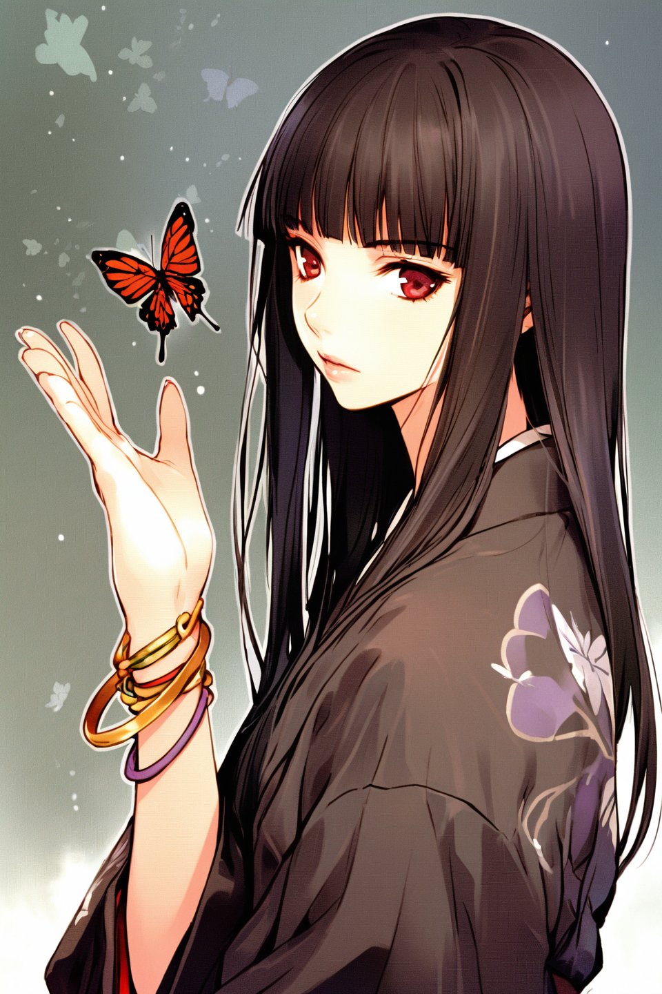 1girl, solo, japanese clothes, long hair, butterfly, bug, black hair, kimono, hime cut, bangs, bracelet, blunt bangs, jewelry, black kimono, red eyes