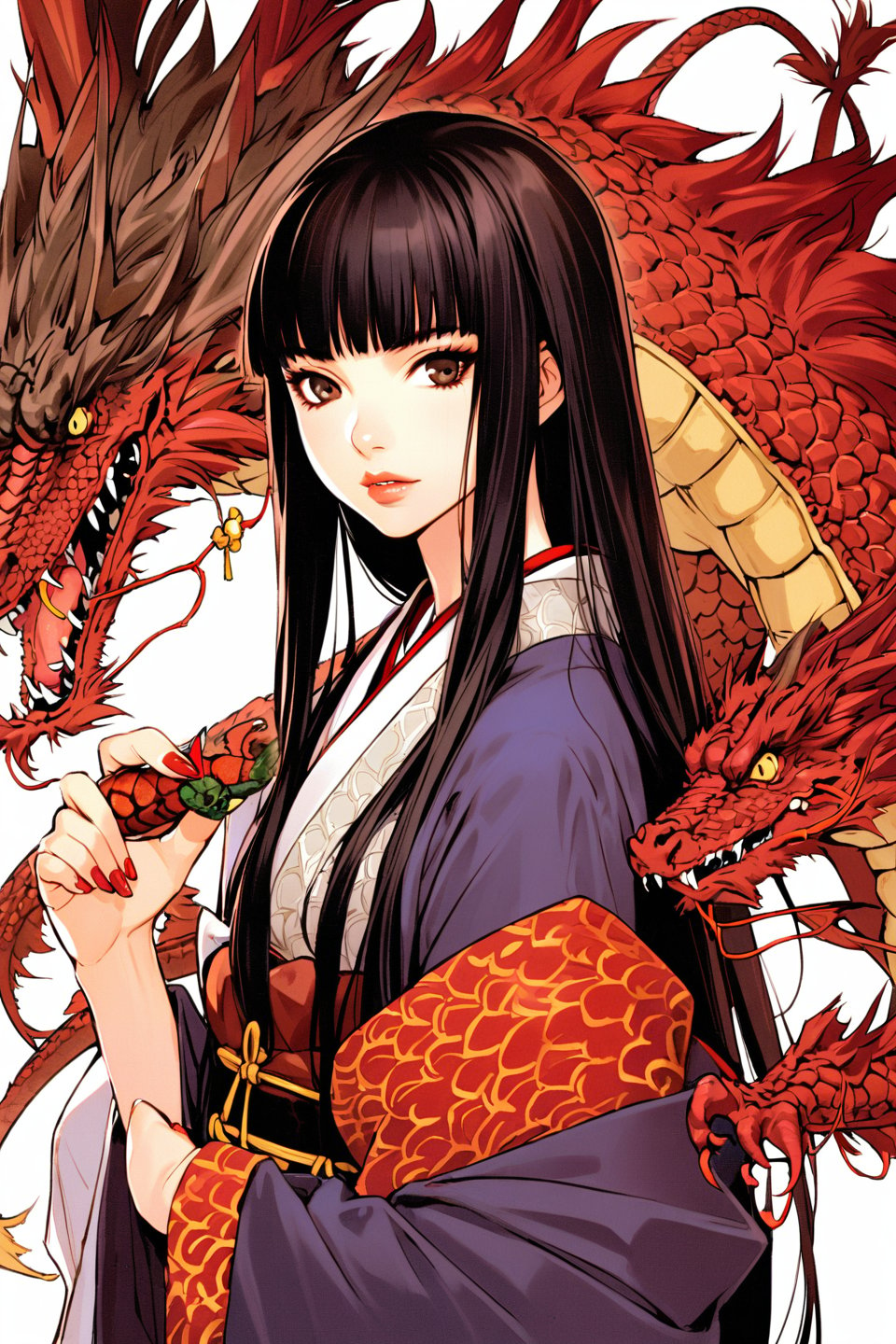 1girl, solo, japanese clothes, long hair, black hair, red nails, kimono, dragon, nail polish, blunt bangs, brown eyes, bangs, hime cut, white background, lips, eastern dragon, simple background