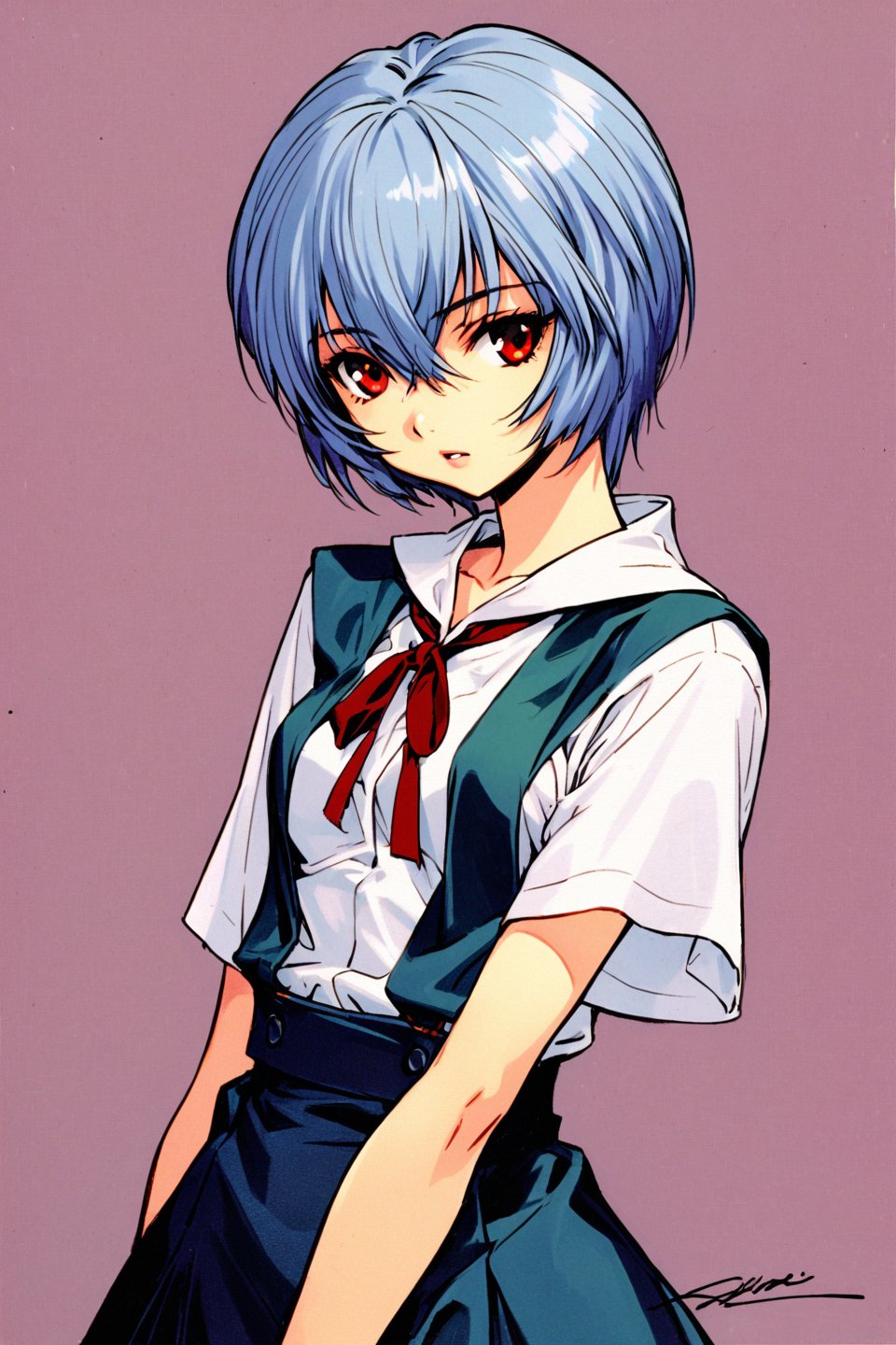 1girl, Ayanami Rei, solo, red eyes, short hair, school uniform, blue hair, tokyo-3 middle school uniform, signature, short sleeves, hair between eyes, suspender skirt, purple background, bangs, purple theme, shirt, cowboy shot, looking to the side, skirt, white shirt, looking at viewer, parted lips, suspenders, traditional media