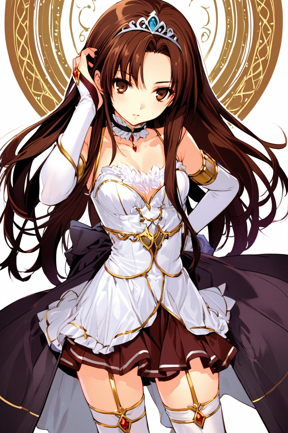 1girl, solo, thighhighs, brown hair, brown eyes, long hair, dress, choker, bridal gauntlets, tiara, jewelry, white thighhighs, zettai ryouiki, white background, skirt