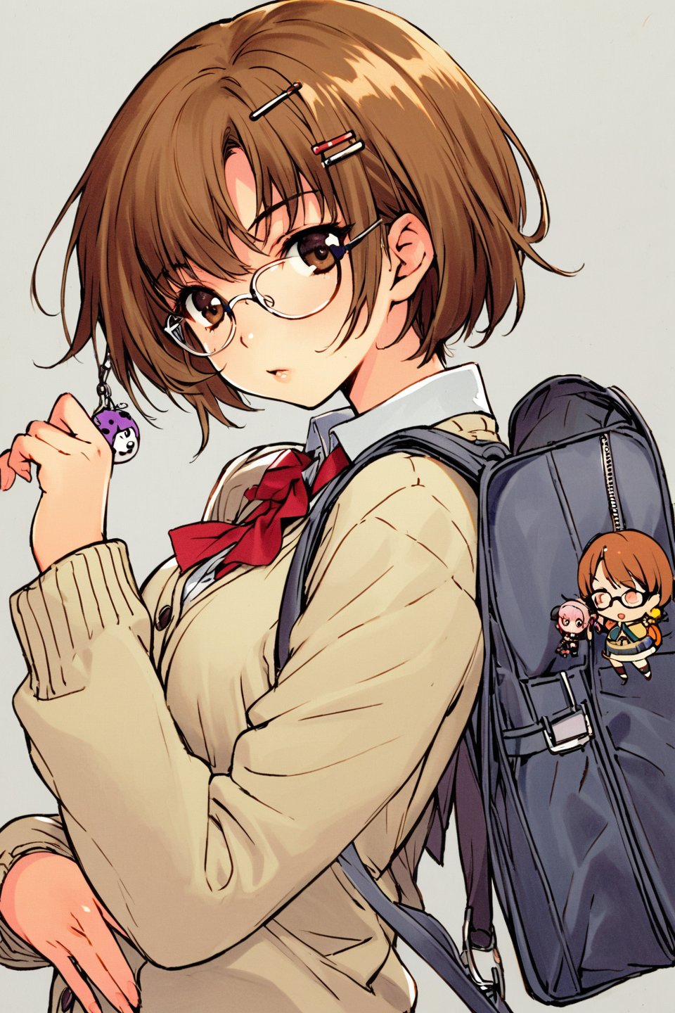 1girl, solo, bag, skirt, brown hair, hair ornament, keychain, short hair, hairclip, charm (object), backpack, brown eyes, glasses, pleated skirt, cardigan, white background, cowboy shot, simple background, long sleeves, school uniform, holding, bag charm, looking at viewer, miniskirt, shirt, standing, school bag, traditional media