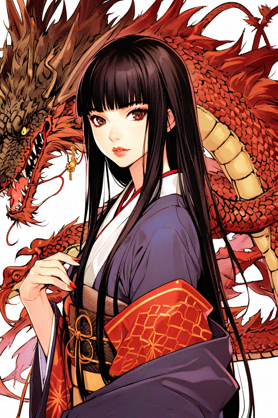 1girl, solo, japanese clothes, long hair, black hair, red nails, kimono, dragon, nail polish, blunt bangs, brown eyes, bangs, hime cut, white background, lips, eastern dragon, simple background