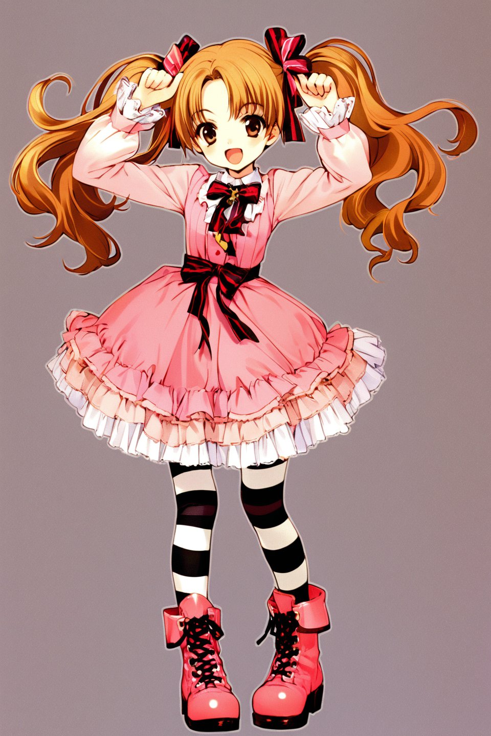 1girl, solo, striped, boots, thighhighs, long hair, striped thighhighs, bow, dress, ribbon, hair bow, white background, pink footwear, simple background, twintails, smile, cross-laced footwear, brown hair, wavy hair, open mouth, full body, hair ribbon, blonde hair, brown eyes, arms up, long sleeves, standing, , 