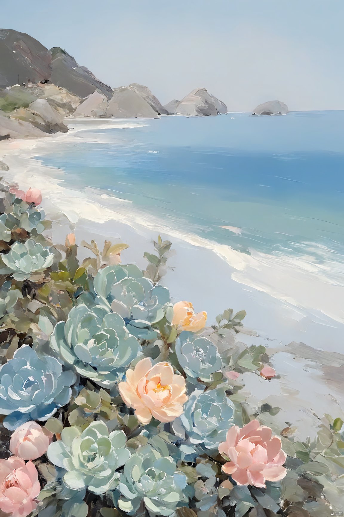 Healing_Painting,flower,oil painting,(rabbit,sky,cloud,moon),beach,mountain, candy-coated, Succulent_Plants, weijin_hanfu