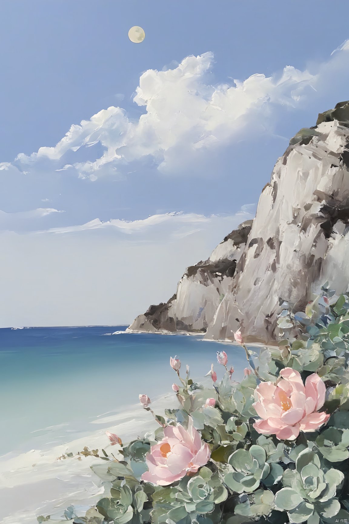 Healing_Painting,flower,oil painting,(rabbit,sky,cloud,moon),beach,mountain, candy-coated, Succulent_Plants, weijin_hanfu