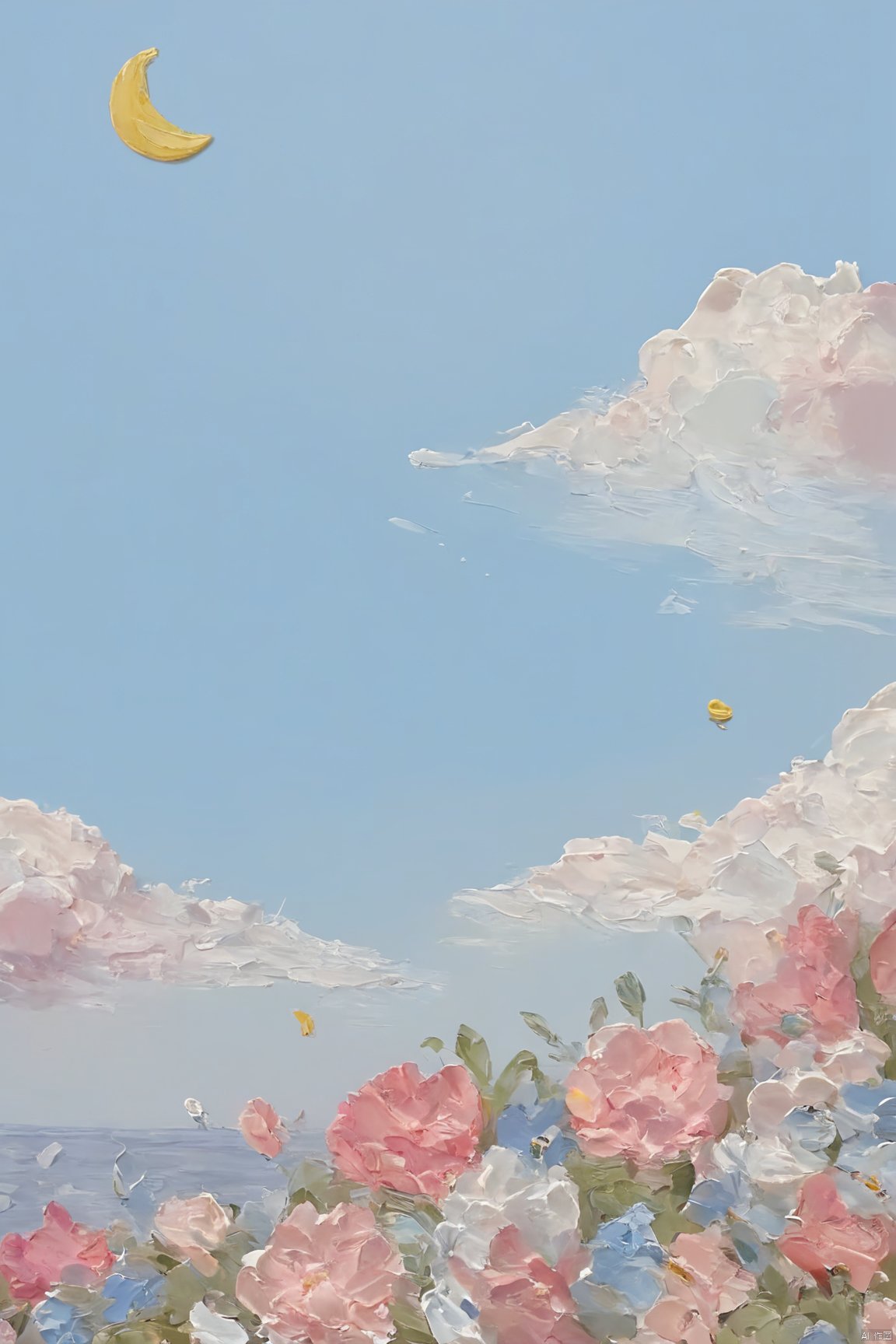 Healing_Painting,flower,oil painting,rabbit,sky,cloud,moon,beach,mountain, candy-coated