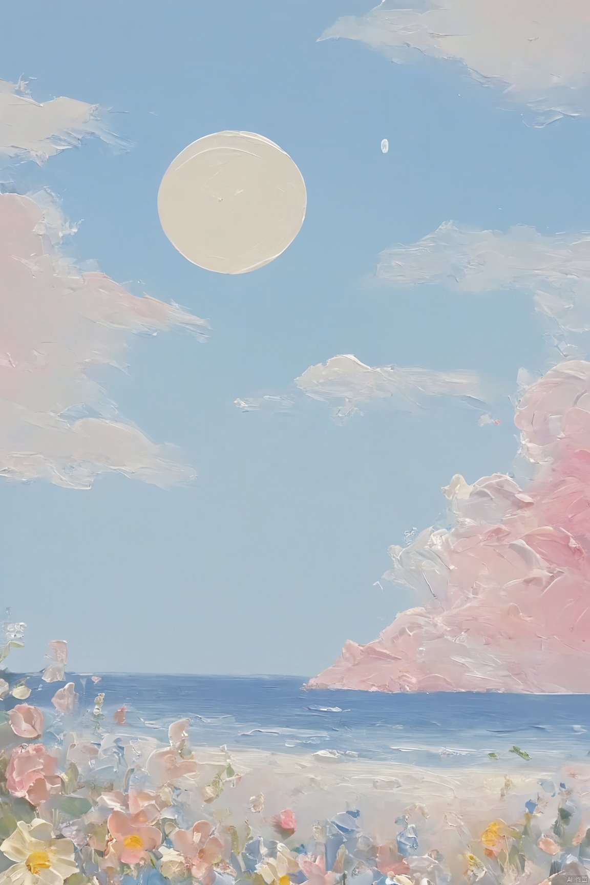 Healing_Painting,flower,oil painting,rabbit,sky,cloud,moon,beach,mountain, candy-coated