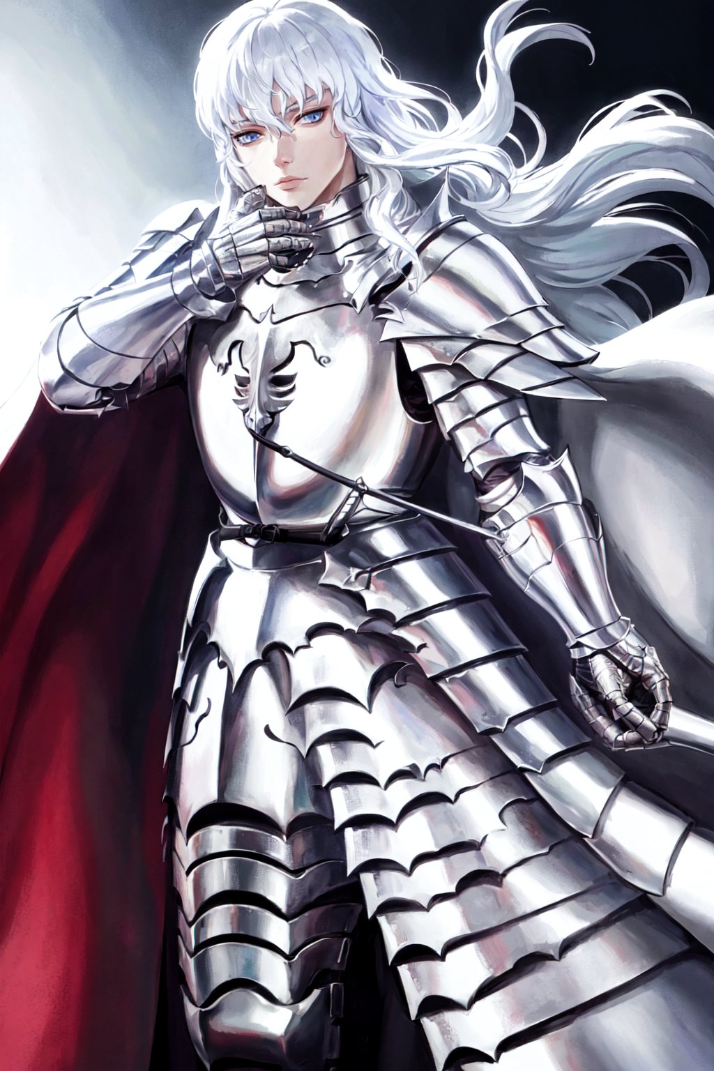 1guy, beautiful face, portrait, looking at viewer, Griffith, light blue eyes, berserk, long white hair, armour with cape