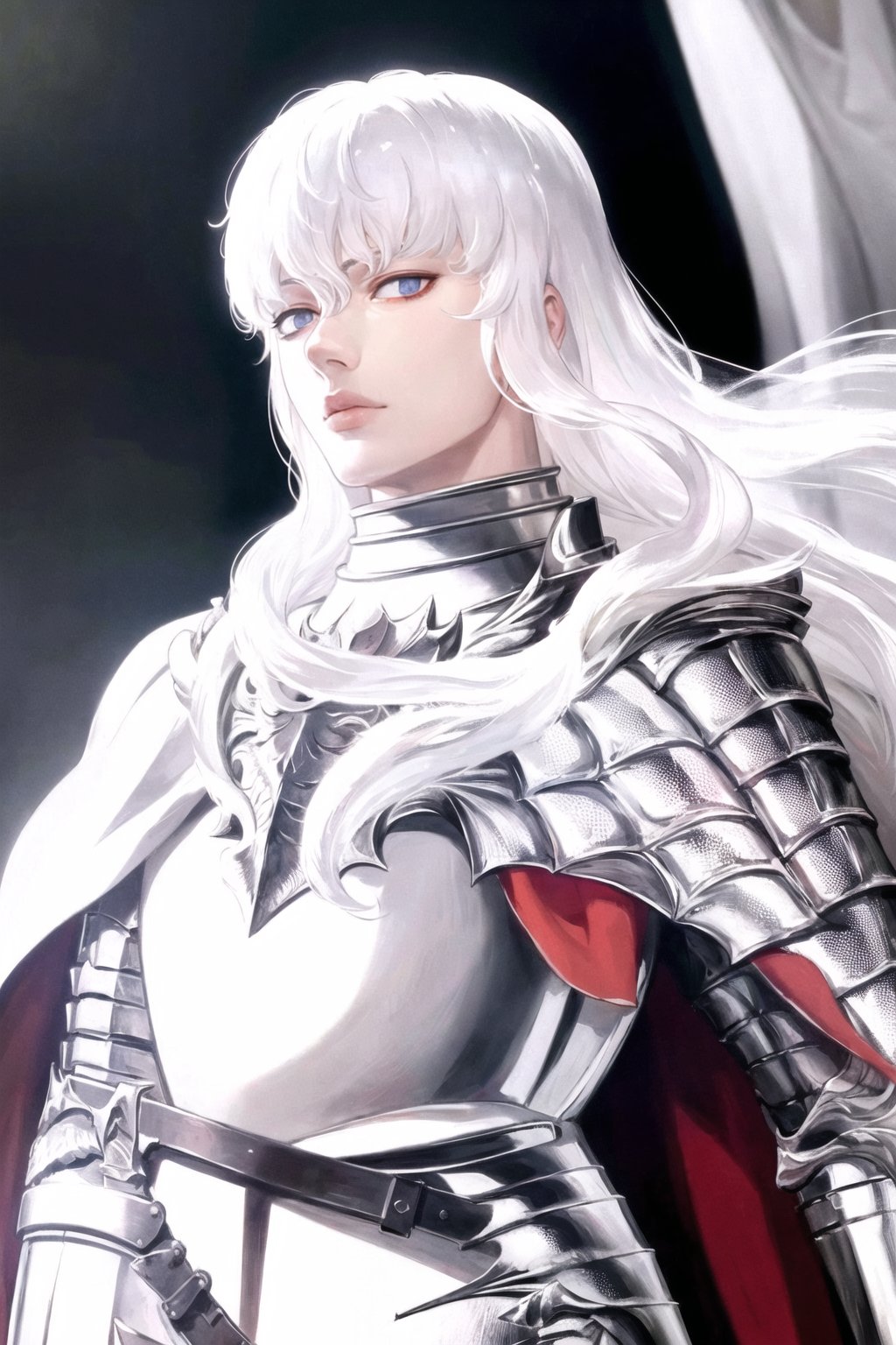 1guy, beautiful, portrait, looking at viewer, Griffith, berserk, long white hair, armour with cape