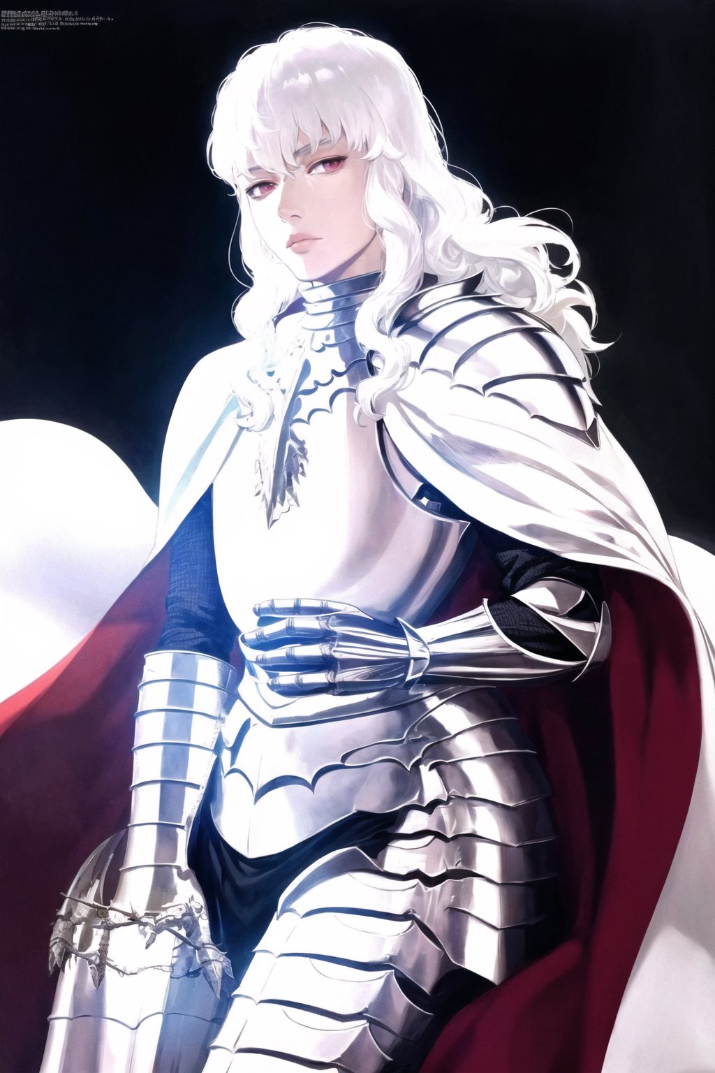 1guy, beautiful, portrait, looking at viewer, Griffith, berserk, long white hair, armour with cape