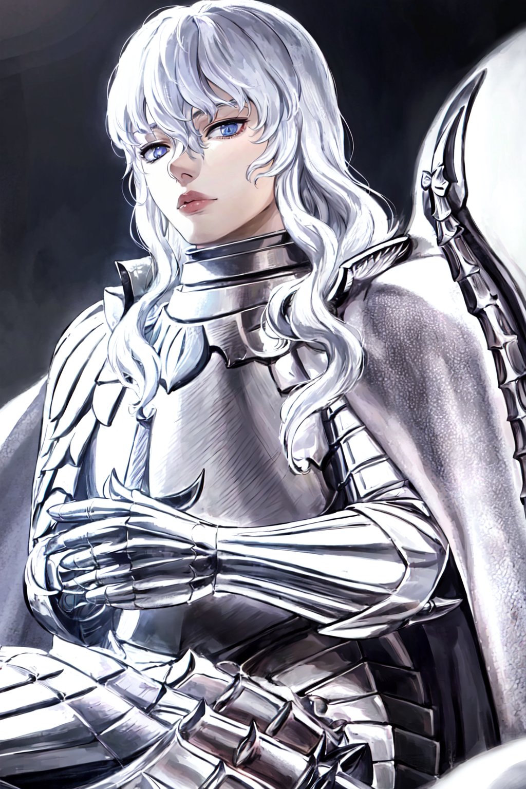 1guy, beautiful face, portrait, looking at viewer, Griffith, light blue eyes, berserk, long white hair, armour with cape