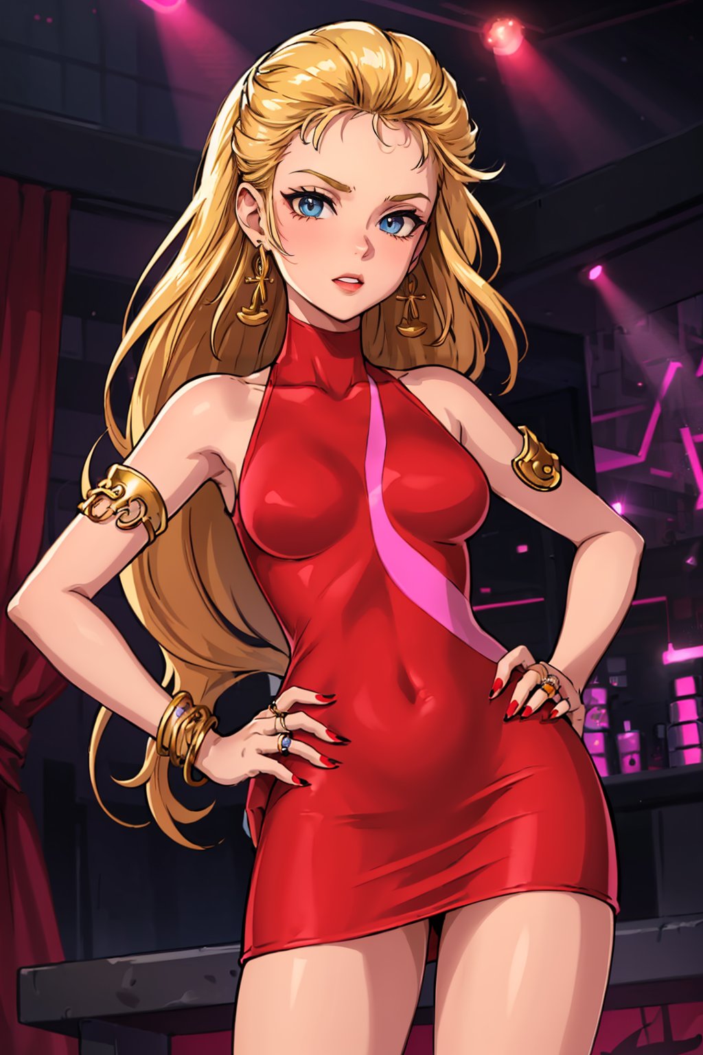 best quality, 1girl, looking at viewer, smile, hand on hip, cowboy shot, bconSMT, long hair, short red dress, sleeveless, turtleneck, earrings, lipstick, bracelet, armlet, ring, nail polish, indoors, nightclub