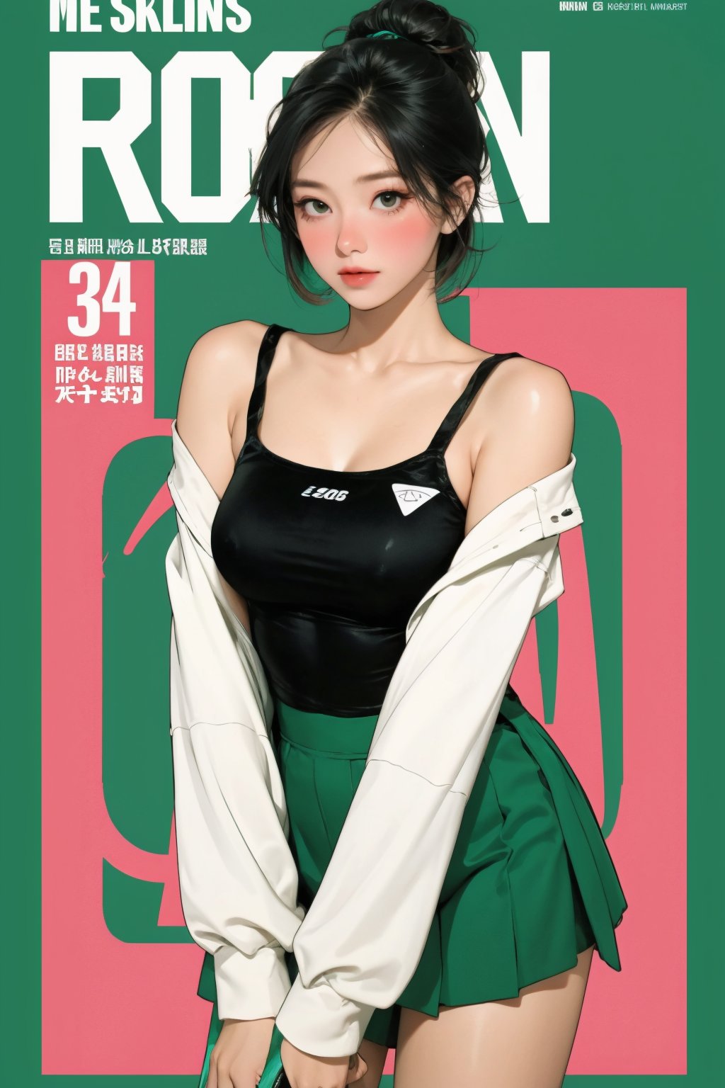 1girl, standing, thigh up body, tennis girl outfit, magazine cover, outline, looking at viewer, earings, blush, green background, hairstyle, ultra detailed, best quality, sharp focus, kmiu,