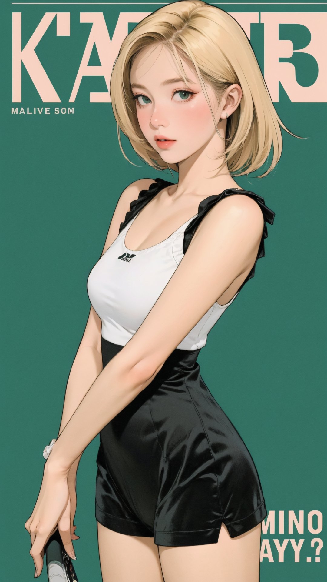 1girl, standing, thigh up body, standing, blonde hair, (tennis girl outfit,) 2D artstyle, magazine cover, outline, looking at viewer, earings, blush, green background, hairstyle, ultra detailed, best quality, sharp focus, kmiu,