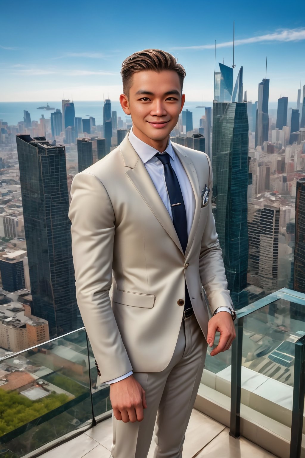 Handsome Chinese male, 30 years old, handsome, attractive, sunny, smiling, wearing a handsome suit, standing on the top of a skyscraper