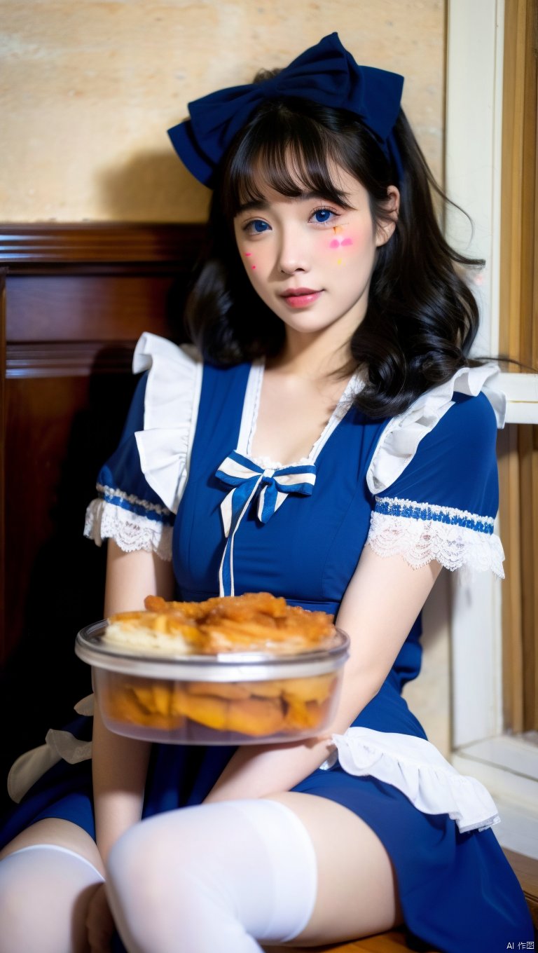  1girl, long wavy hair, blue eyes, thighhighs, looking at viewer, white thighhighs, sitting, bow, , dress, cherry, hair bow, blush, food, lips, apron, indoors, bangs, short sleevesblue dress, parted lips, facial mark, short hair, lace, smile, frills,holding, flower,skirt, , puffy short sleeves, ribbon, lace trim