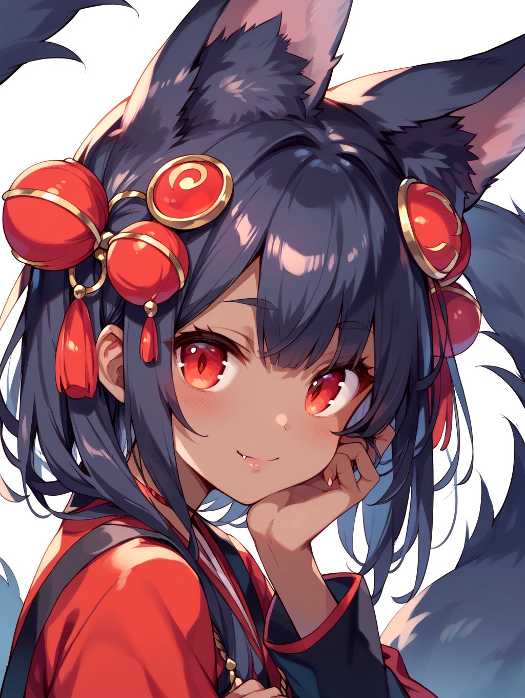 score_9, score_8_up, score_7_up,perfect eyes, kitsune, werewolf, red eyes, black skin, pretty girl, cute girl, teasing