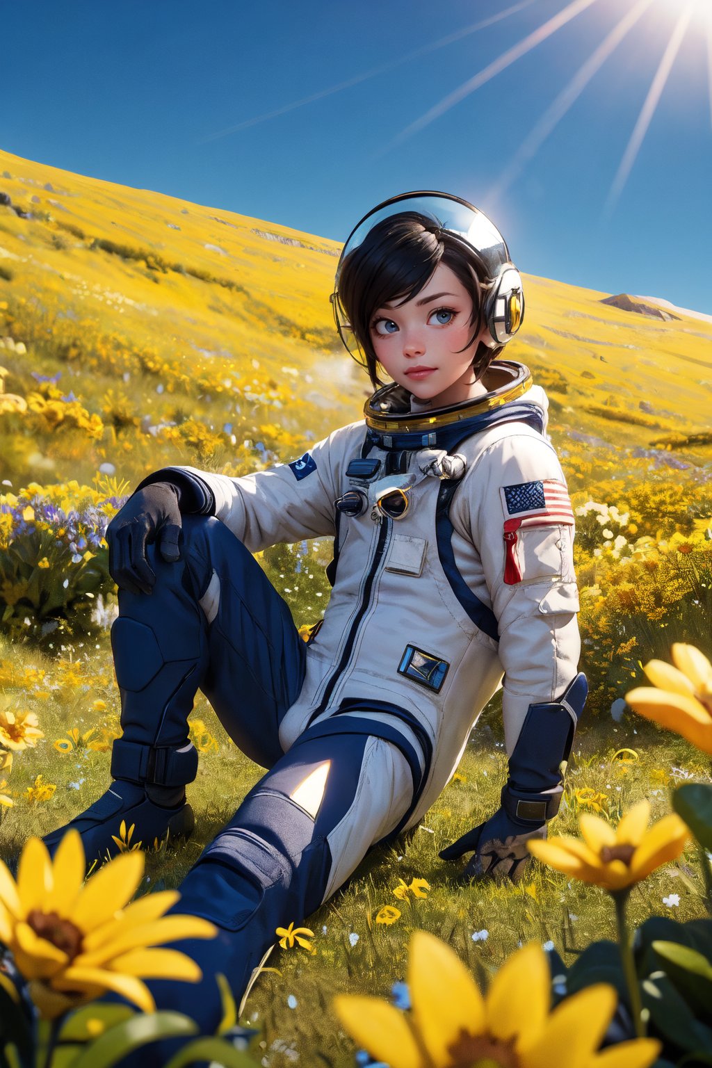 (masterpiece, best quality), cinematic composition, letterboxed, depth of field, solo focus, astronaut sitting in a field of yellow flowers with resting on the ground, gloves, yellow flower, black gloves, spacesuit, science fiction, sunlight, black hair, blue eyes, looking at viewer