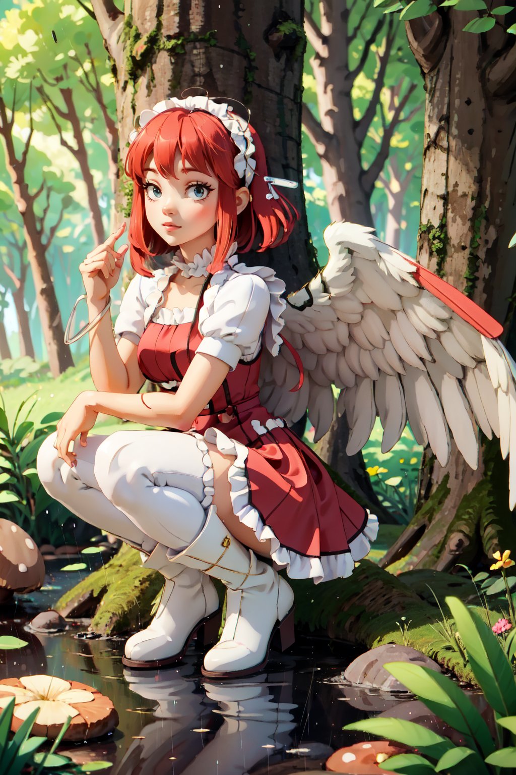  1girl, solo, short hair, thighhighs, dress, red hair, short sleeves, boots, outdoors, wings, striped, hair large ,puffy sleeves, red eyes, water, tree, puffy short sleeves, squatting, pink dress, nature, striped thighhighs, forest, rain, fairy wings, fairy, mushroom, pink thighhighs,midjourney,Persona3Chidori,angel_wings,angel