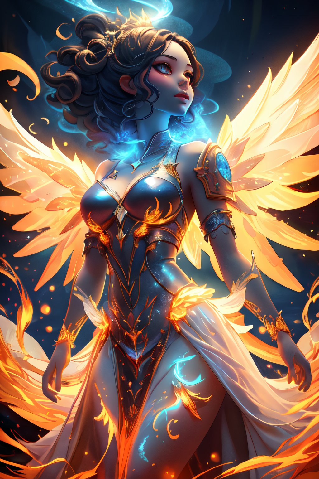 final fantasy,realistic,minimalism style, full hourglass body ,darksoul,platinu,ghostly beauty,reflect,intricately detailed,cinematic, fantastic background,high detail,high detail skin,real skin, sexy, ,angel_wings,angel,glowwave,fiery wings