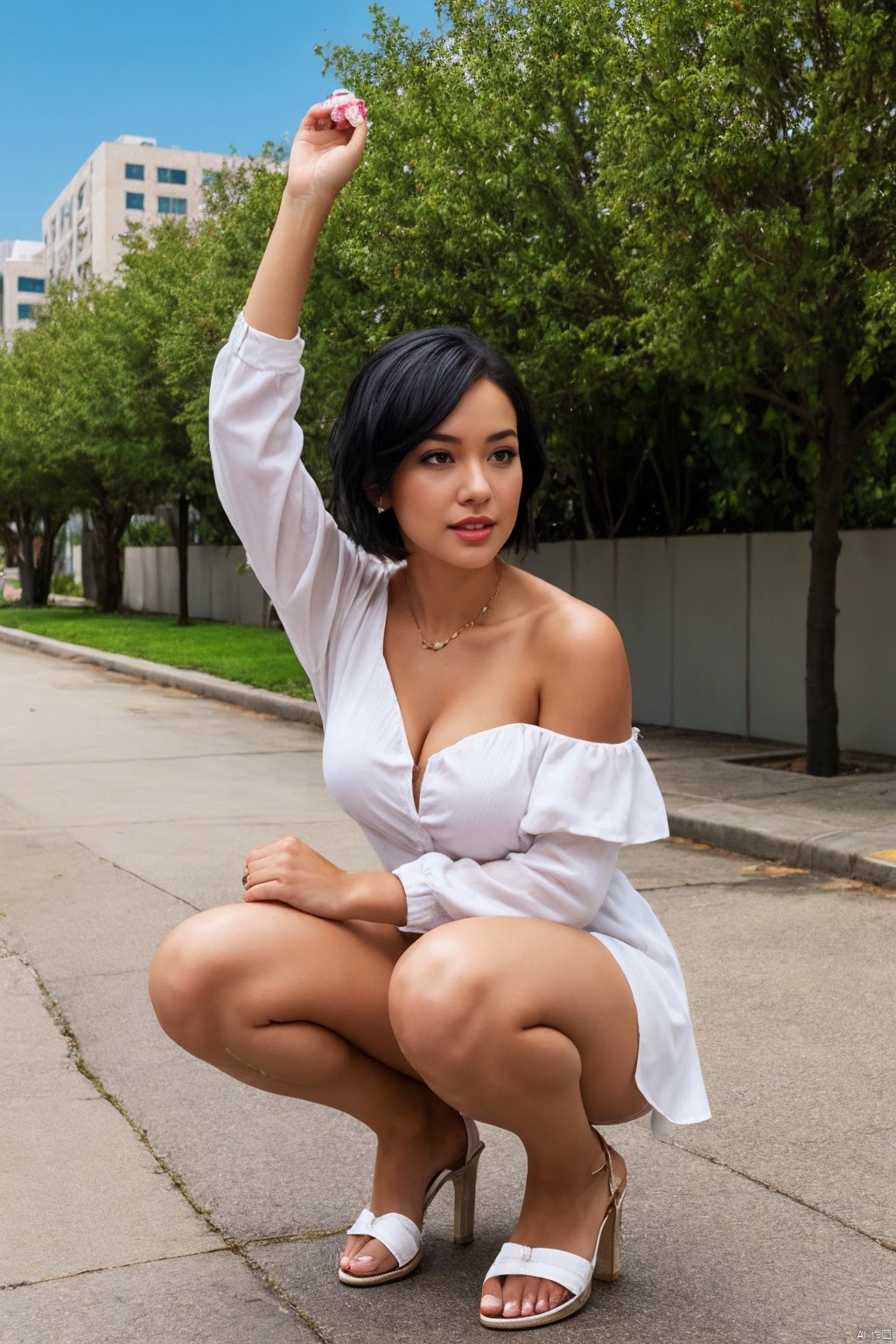 ,1girl, breasts, squatting, solo, flower, red eyes, toes, high heels, feet, outdoors, black hair, bug, hair ornament, cleavage, dress, looking at viewer, bare shoulders, butterfly, white dress, parted lips, off shoulder, day, short hair, toenails, sky, hair flower, legs, sandals, cloud, wet, full body, building, medium breasts, blush, thighs, large breasts, blue sky, holding, long sleeves, bare legs, hand up, white shirt, skyscraper, white footwear, jewelry, strappy heels